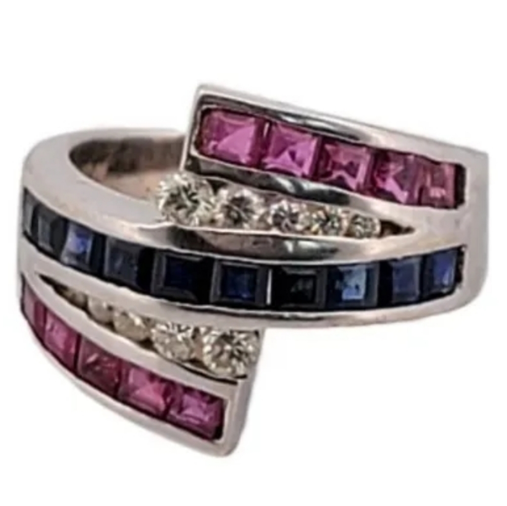 14k Gold Diamond Sapphire Ruby Band Ring- Estate Jewelry 7.9gm